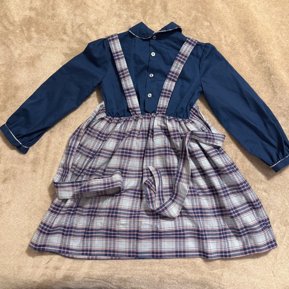 Polly Flinders Vintage Navy Plaid Hand Smocked Dress Girls 6X